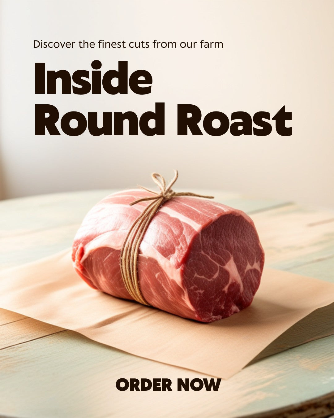 Raw inside round roast tied with twine on kraft butcher paper - GrayCon Farms