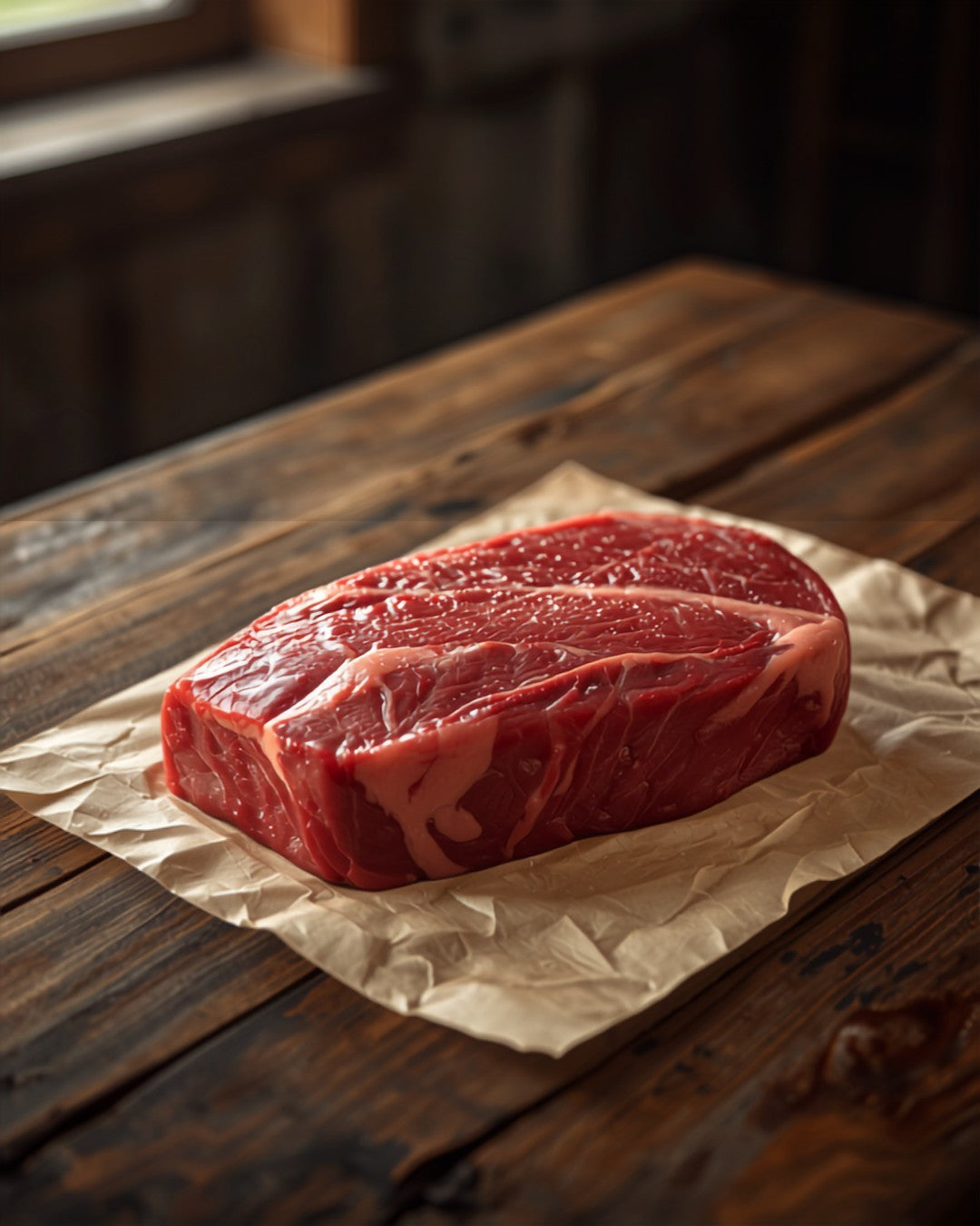 Raw beef shoulder roast on kraft butcher paper - GrayCon Farms