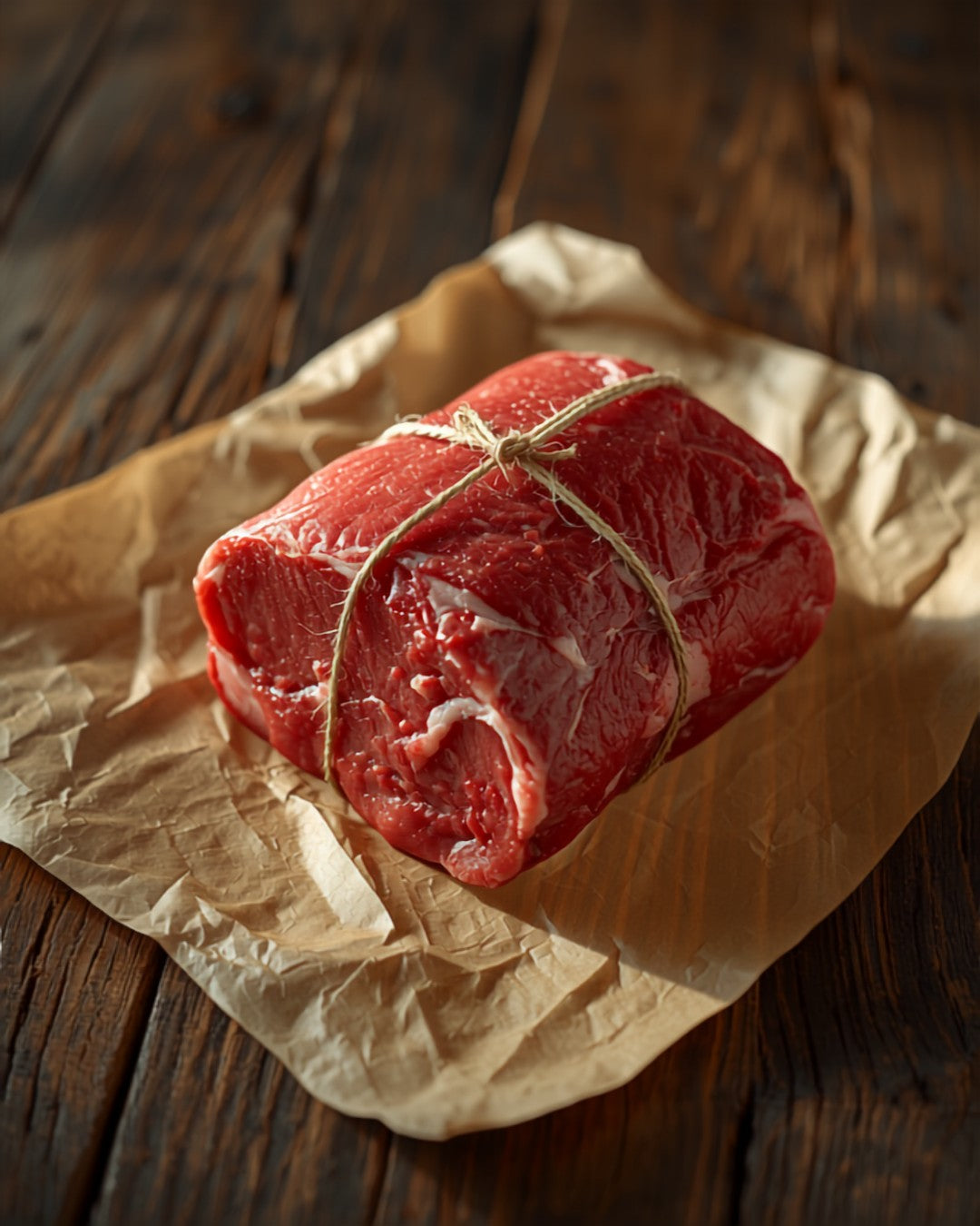 Raw outside round roast tied with twine on kraft butcher paper - GrayCon Farms