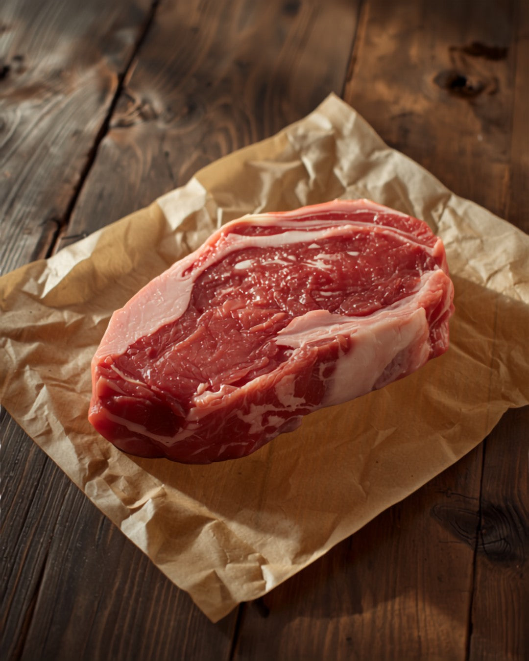 Raw striploin steak on kraft butcher paper - GrayCon Farms