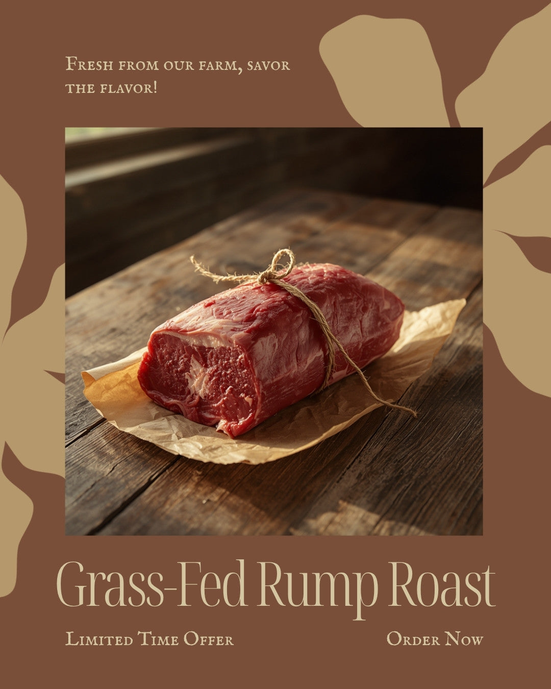 Raw rump roast tied with twine on kraft butcher paper - GrayCon Farms